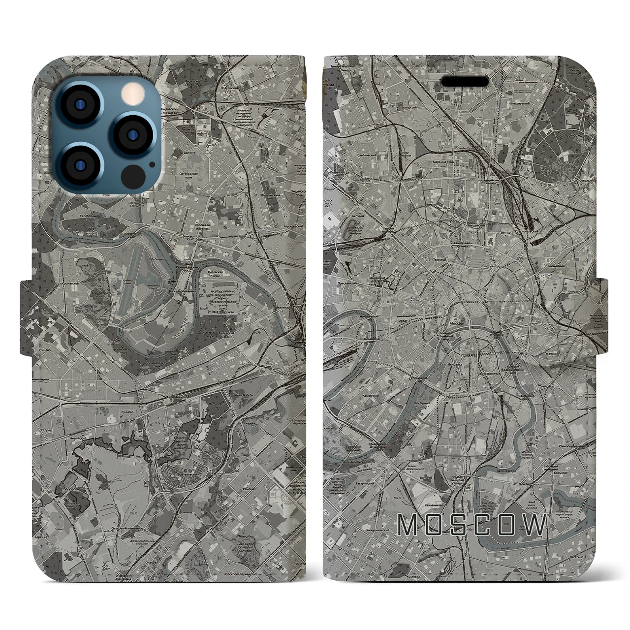 【モスクワ(ロシア)】地図柄iPhoneケース(手帳タイプ)モノトーン・iPhone 12 / 12 Pro 用