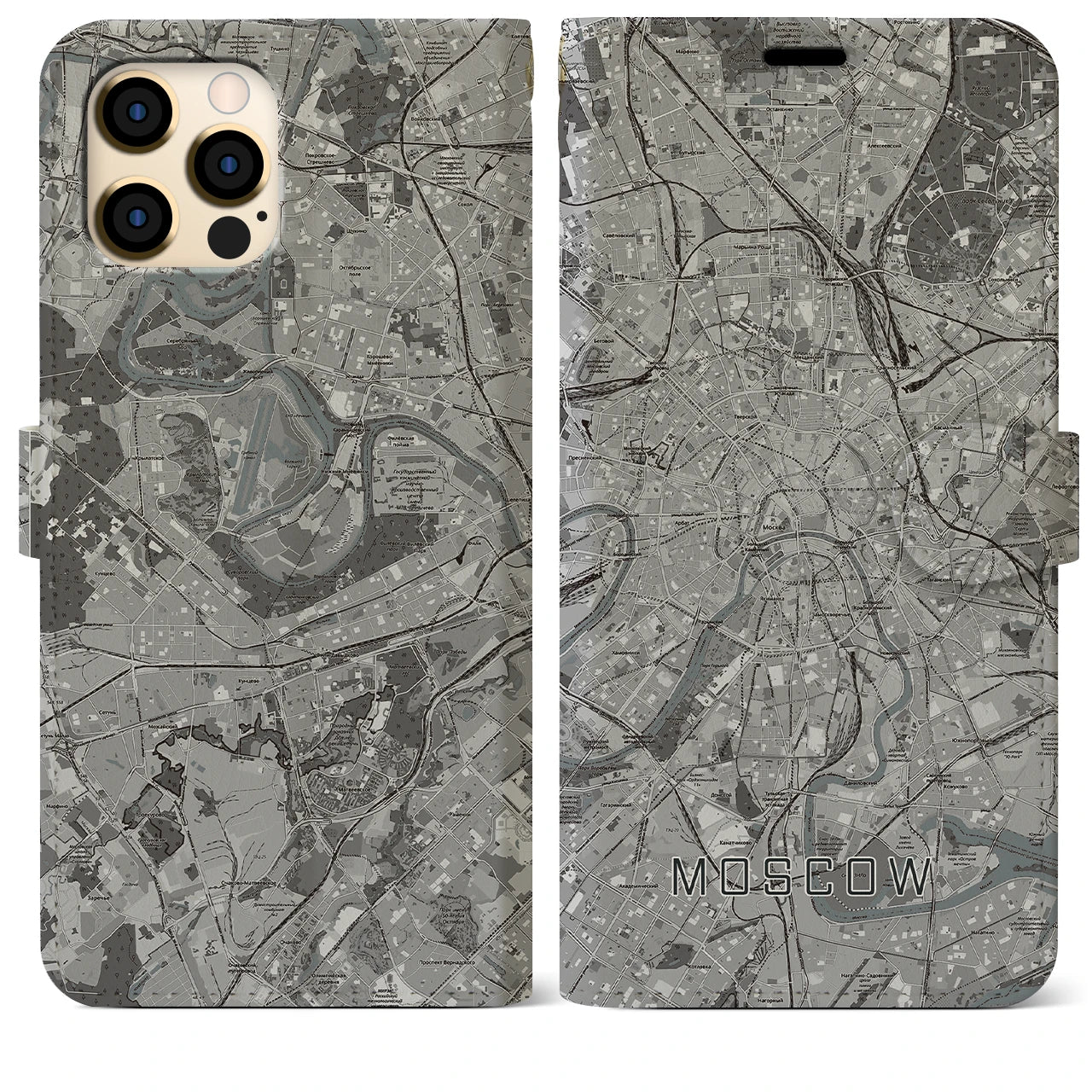 【モスクワ(ロシア)】地図柄iPhoneケース(手帳タイプ)モノトーン・iPhone 12 Pro Max 用