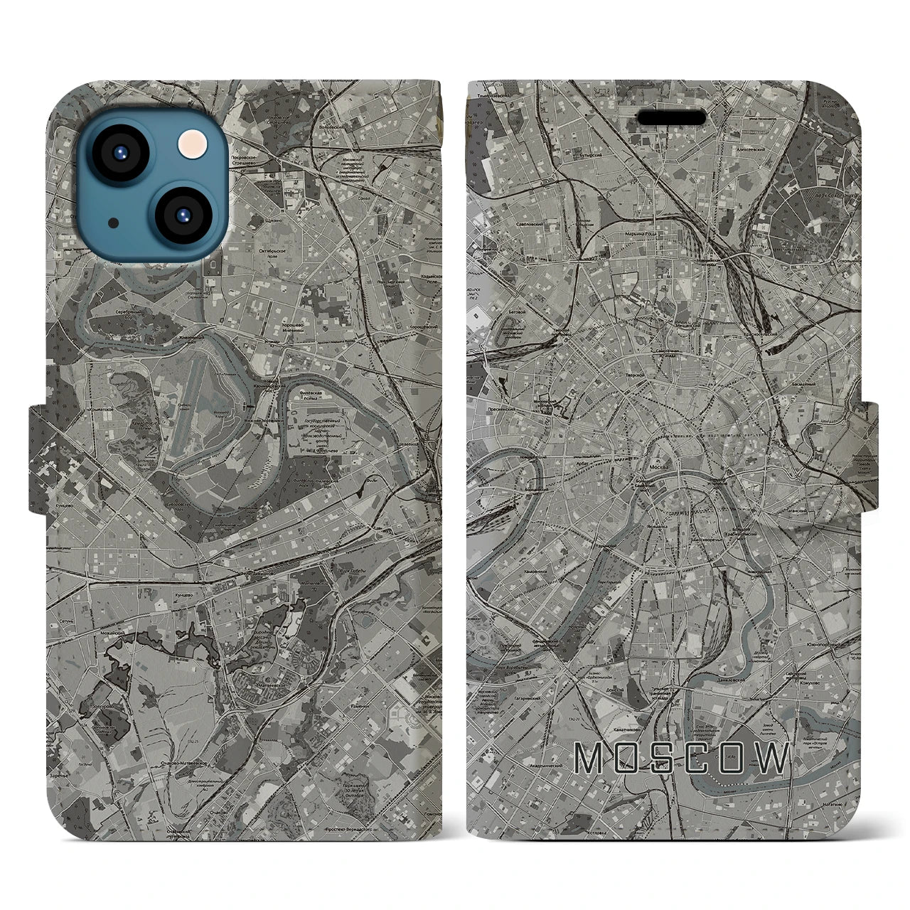 【モスクワ(ロシア)】地図柄iPhoneケース(手帳タイプ)モノトーン・iPhone 13 用