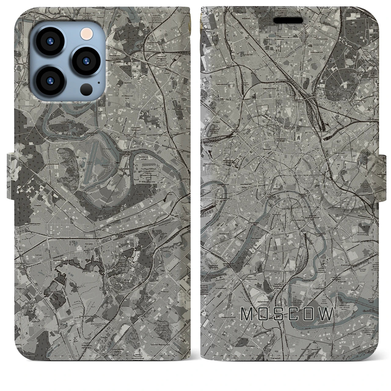 【モスクワ(ロシア)】地図柄iPhoneケース(手帳タイプ)モノトーン・iPhone 13 Pro Max 用