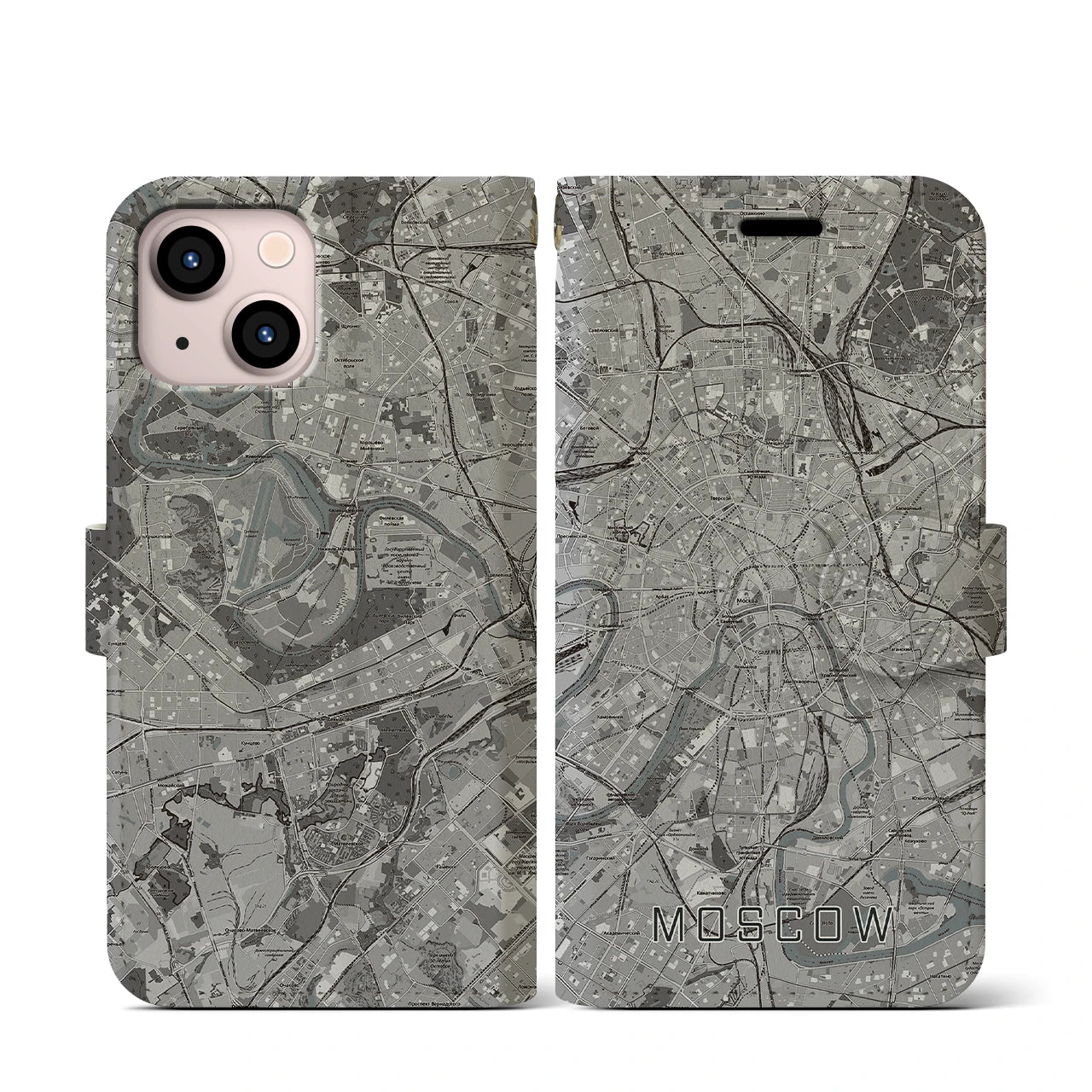 【モスクワ(ロシア)】地図柄iPhoneケース(手帳タイプ)モノトーン・iPhone 13 mini 用
