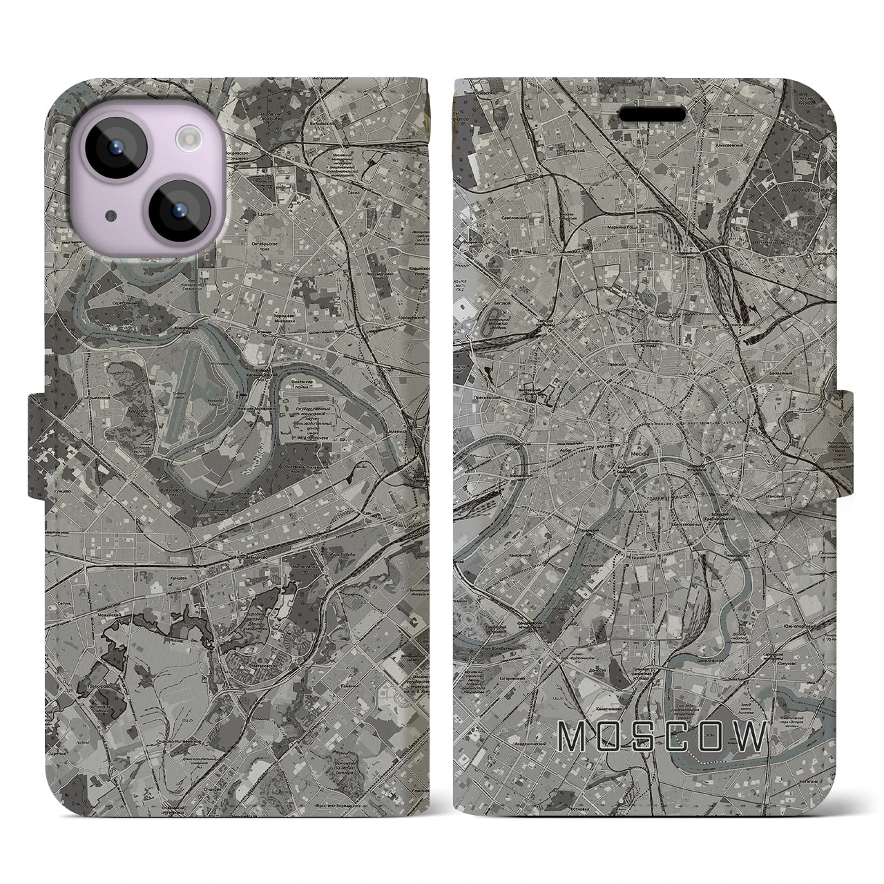 【モスクワ(ロシア)】地図柄iPhoneケース(手帳タイプ)モノトーン・iPhone 14 用