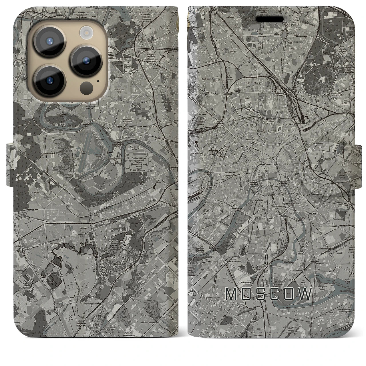 【モスクワ(ロシア)】地図柄iPhoneケース(手帳タイプ)モノトーン・iPhone 14 Pro Max 用
