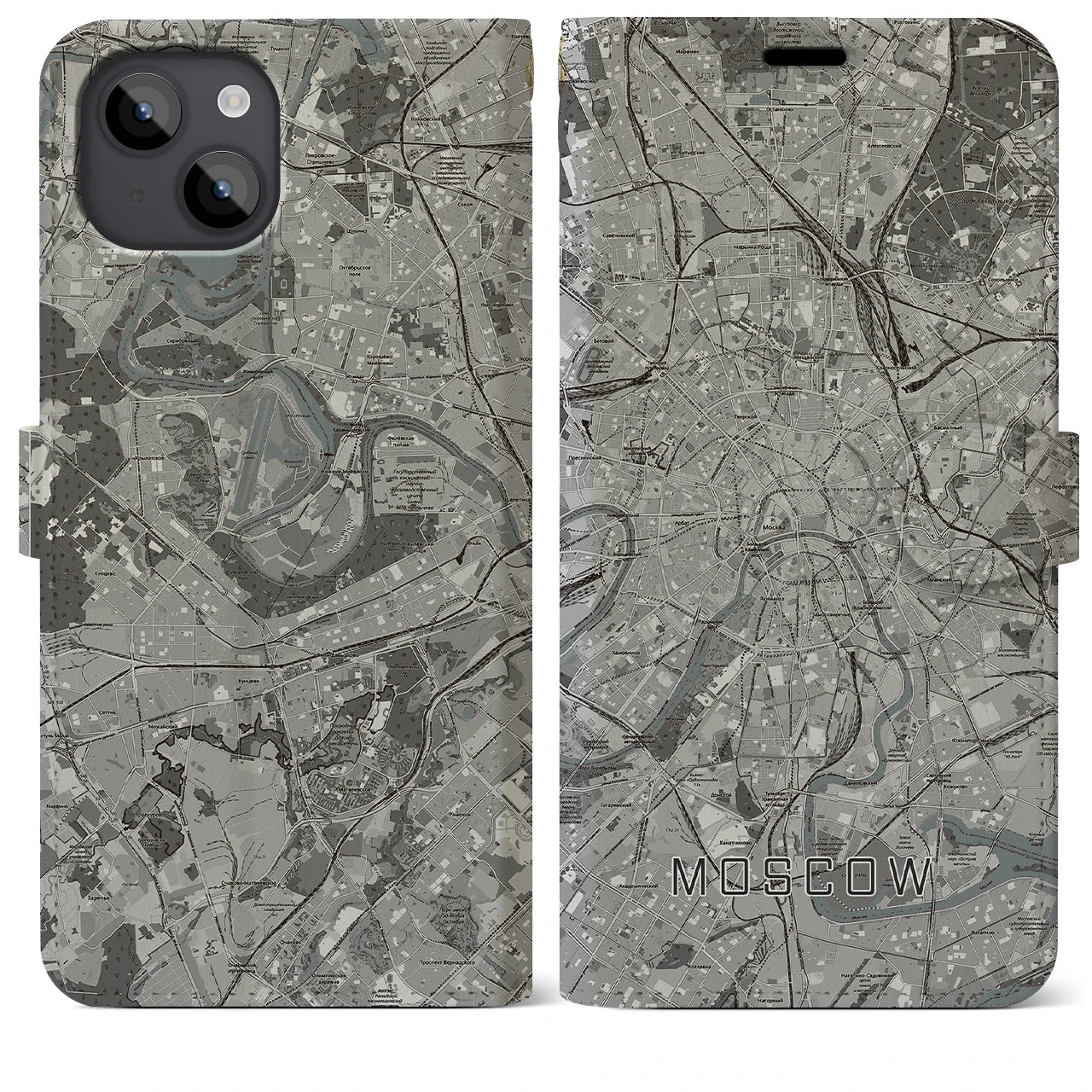 【モスクワ(ロシア)】地図柄iPhoneケース(手帳タイプ)モノトーン・iPhone 14 Plus 用