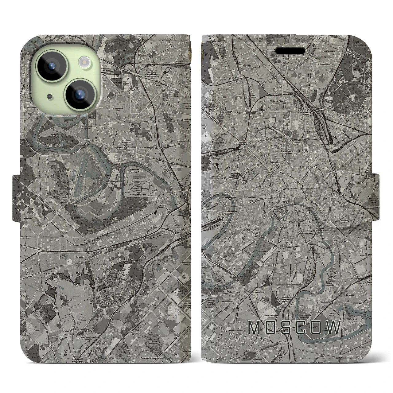 【モスクワ(ロシア)】地図柄iPhoneケース(手帳タイプ)モノトーン・iPhone 15 用