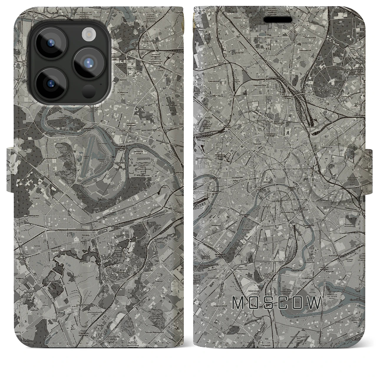 【モスクワ(ロシア)】地図柄iPhoneケース(手帳タイプ)モノトーン・iPhone 15 Pro Max 用