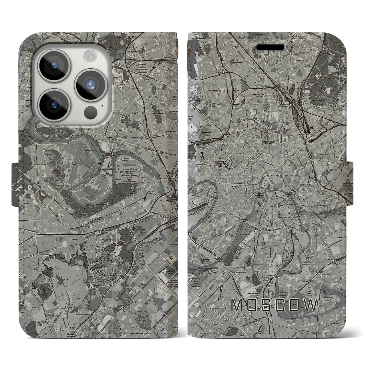 【モスクワ(ロシア)】地図柄iPhoneケース(手帳タイプ)モノトーン・iPhone 15 Pro 用