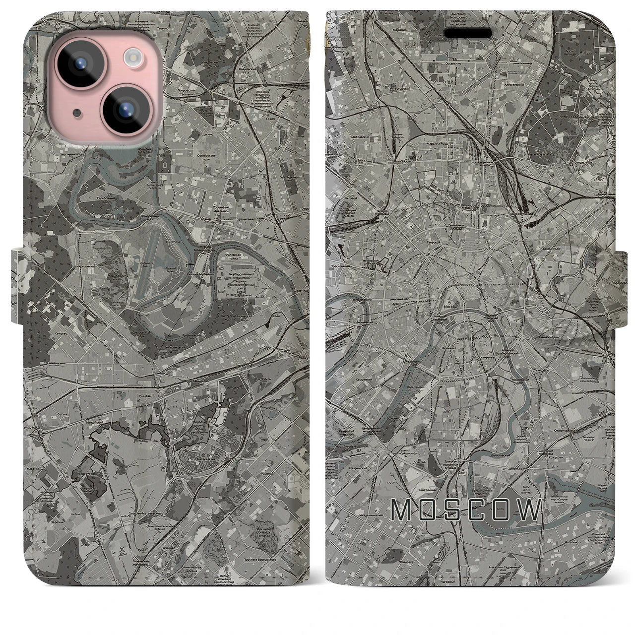 【モスクワ(ロシア)】地図柄iPhoneケース(手帳タイプ)モノトーン・iPhone 15 Plus 用