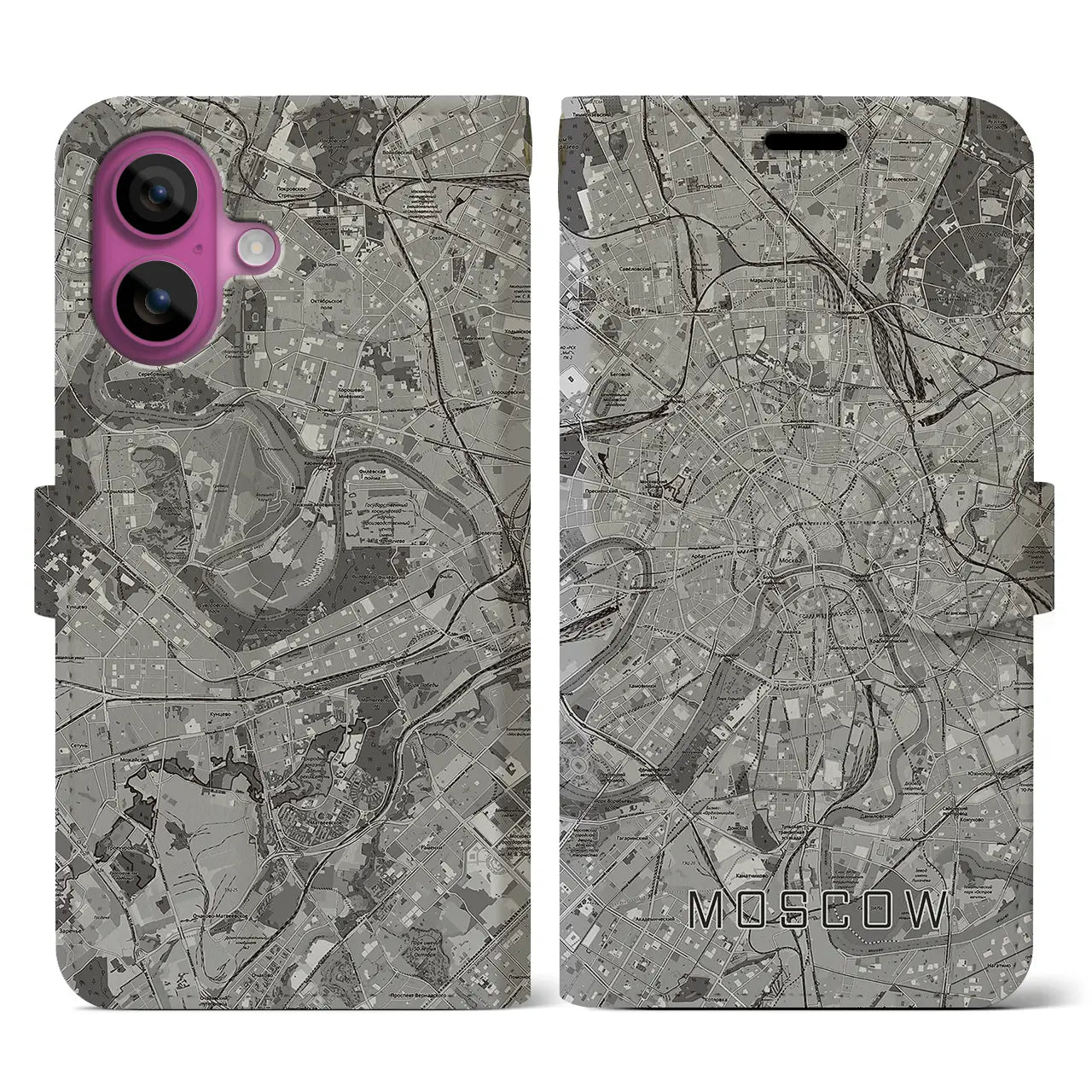 【モスクワ(ロシア)】地図柄iPhoneケース(手帳タイプ)モノトーン・iPhone 16 Pro 用
