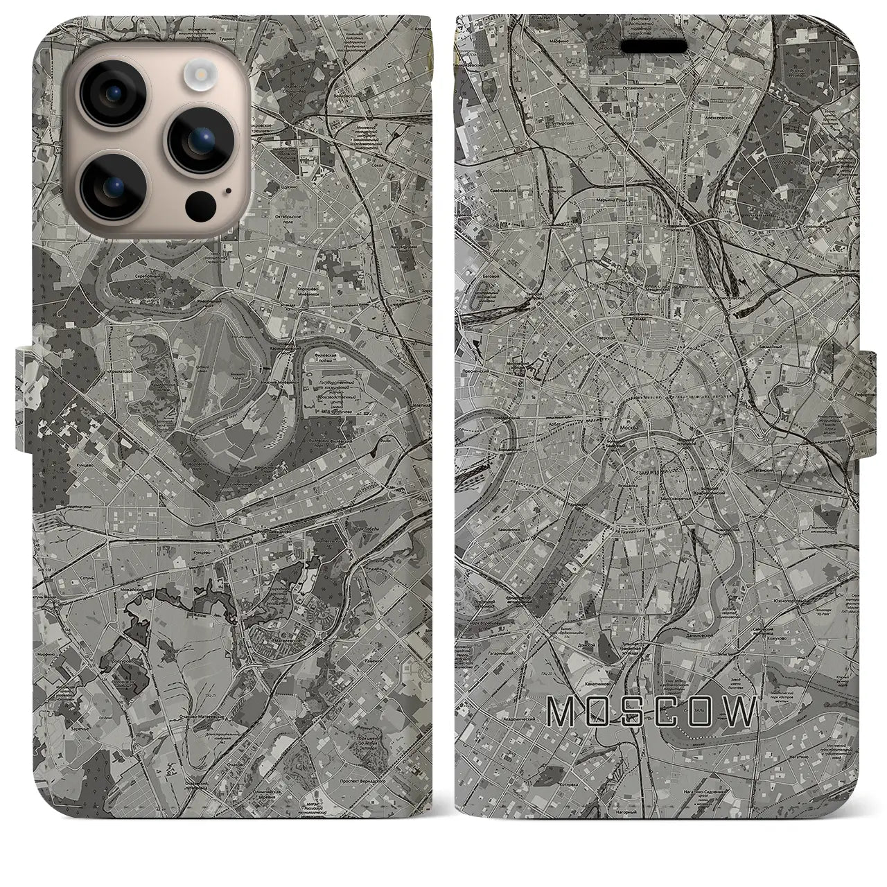 【モスクワ(ロシア)】地図柄iPhoneケース(手帳タイプ)モノトーン・iPhone 16 Plus 用