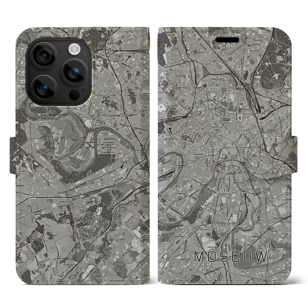 【モスクワ(ロシア)】地図柄iPhoneケース(手帳タイプ)モノトーン・iPhone 16 用