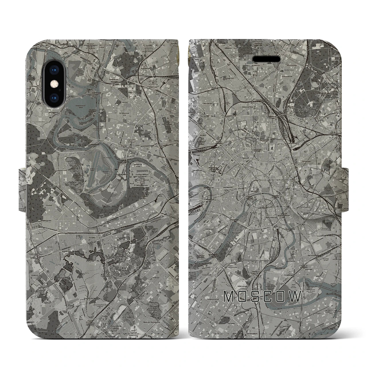【モスクワ(ロシア)】地図柄iPhoneケース(手帳タイプ)モノトーン・iPhone XS / X 用