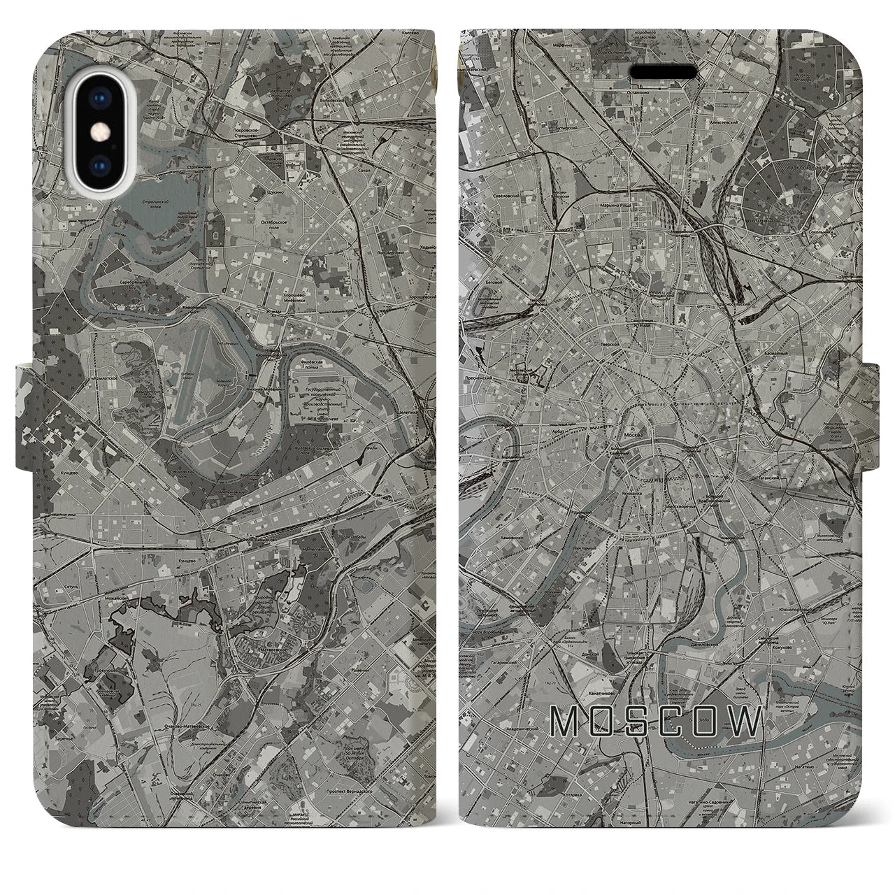 【モスクワ(ロシア)】地図柄iPhoneケース(手帳タイプ)モノトーン・iPhone XS Max 用
