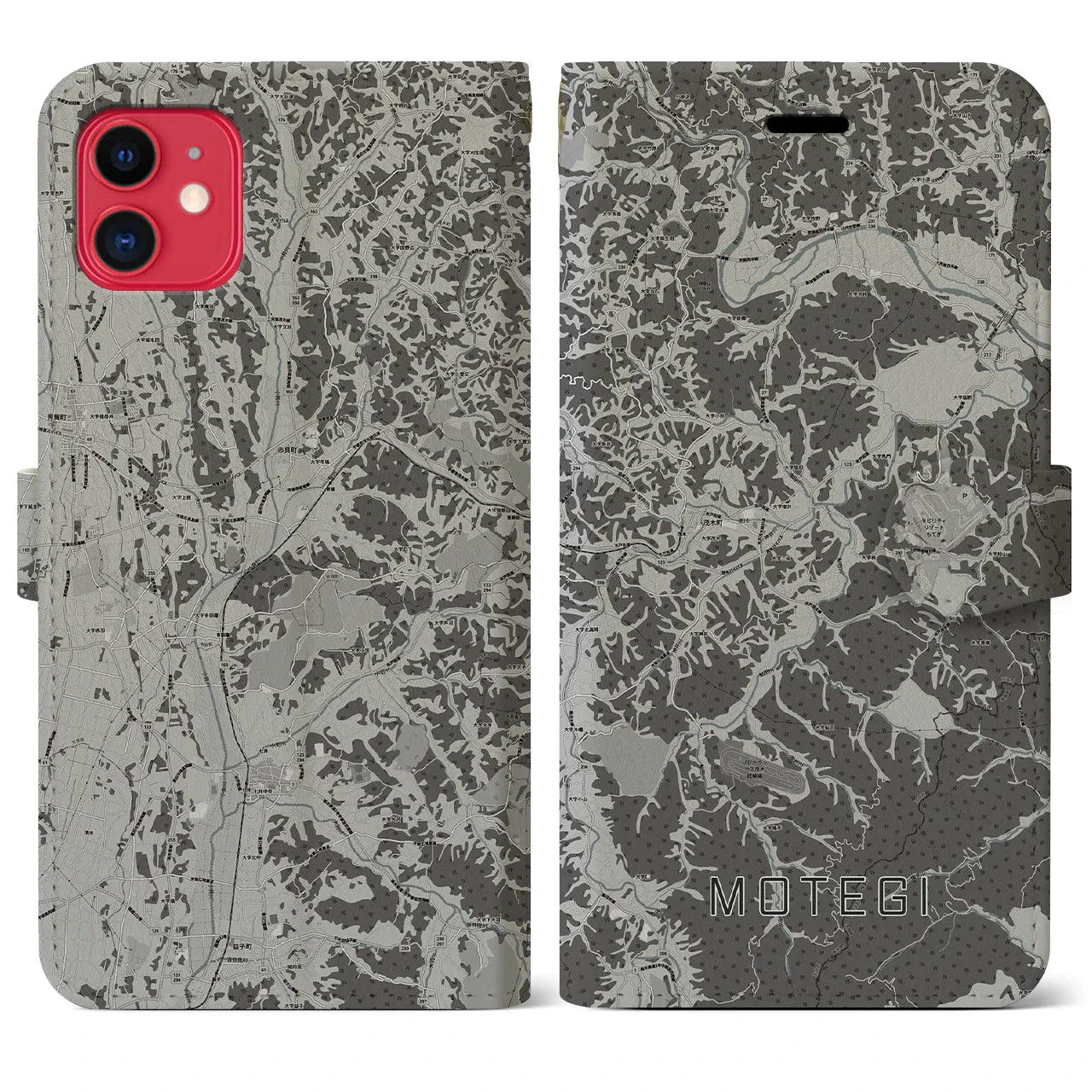 【茂木(栃木県)】地図柄iPhoneケース(手帳タイプ)モノトーン・iPhone 11 用