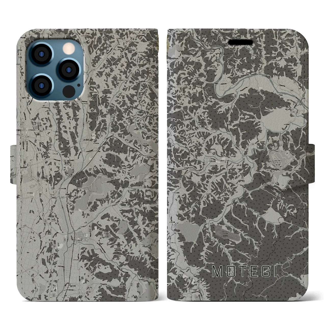 【茂木(栃木県)】地図柄iPhoneケース(手帳タイプ)モノトーン・iPhone 12 / 12 Pro 用