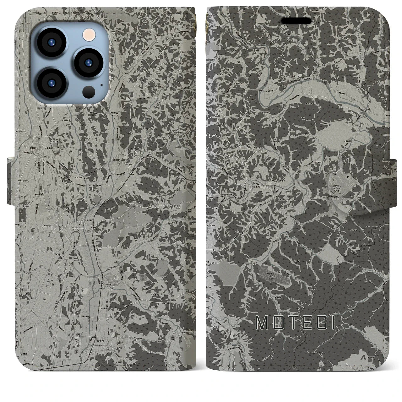 【茂木(栃木県)】地図柄iPhoneケース(手帳タイプ)モノトーン・iPhone 13 Pro Max 用