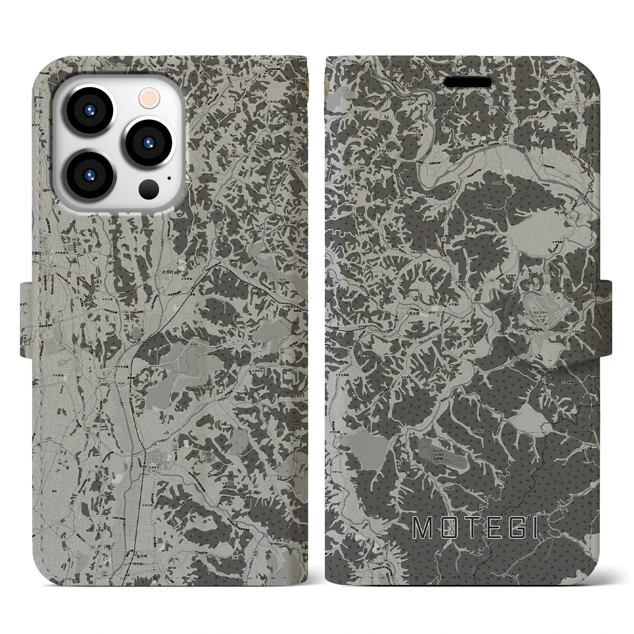 【茂木(栃木県)】地図柄iPhoneケース(手帳タイプ)モノトーン・iPhone 13 Pro 用