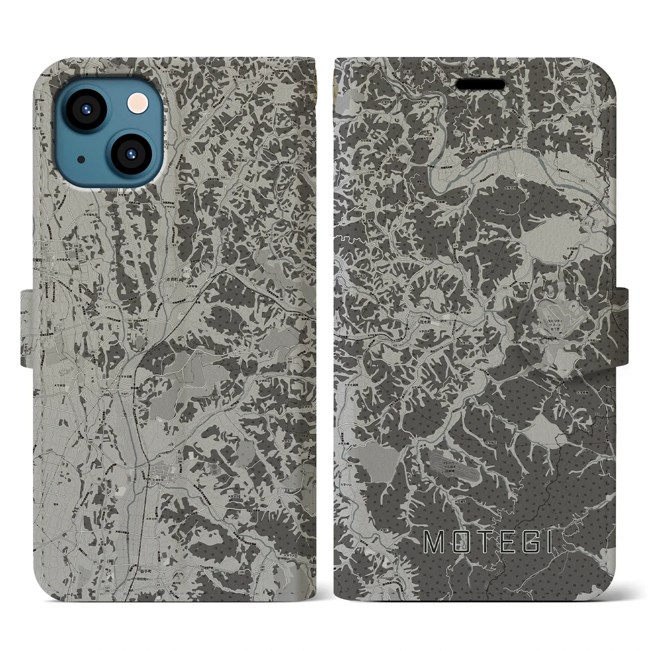 【茂木(栃木県)】地図柄iPhoneケース(手帳タイプ)モノトーン・iPhone 13 用