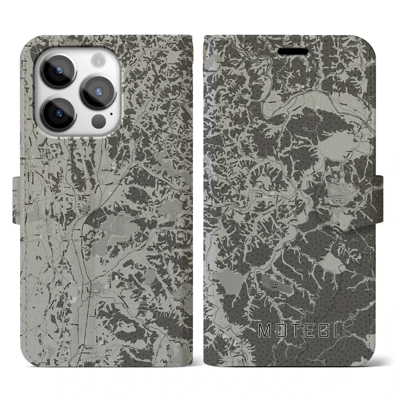 【茂木(栃木県)】地図柄iPhoneケース(手帳タイプ)モノトーン・iPhone 14 Pro 用