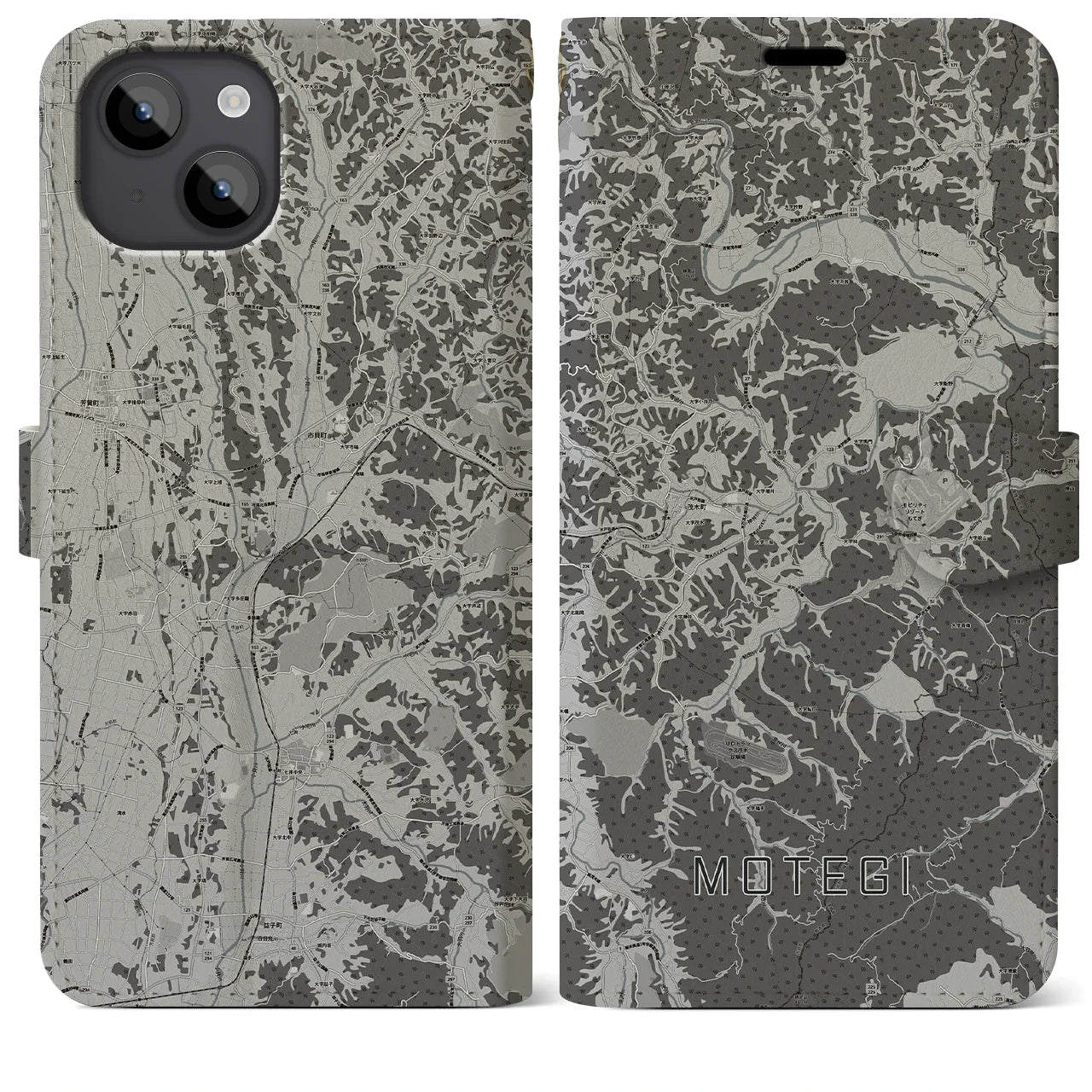 【茂木(栃木県)】地図柄iPhoneケース(手帳タイプ)モノトーン・iPhone 14 Plus 用