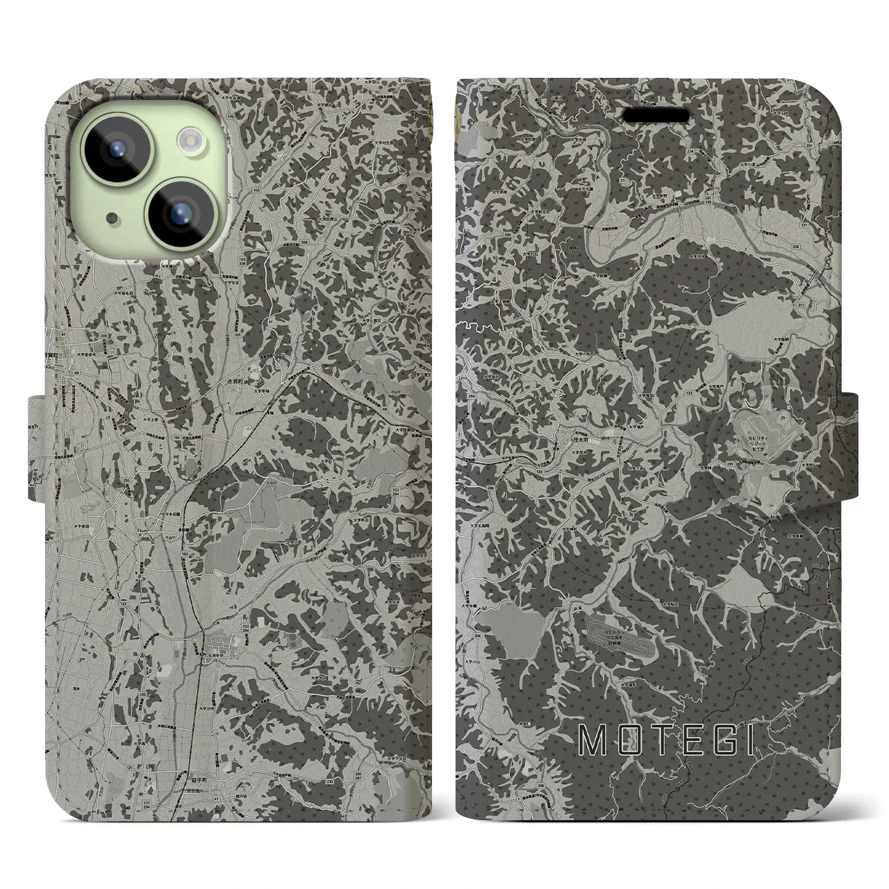 【茂木(栃木県)】地図柄iPhoneケース(手帳タイプ)モノトーン・iPhone 15 用