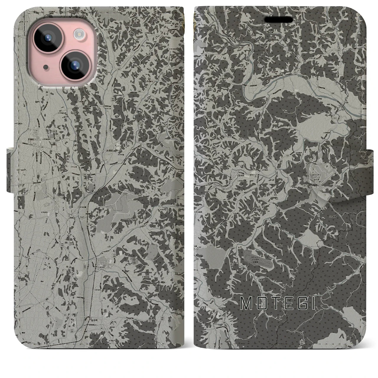 【茂木(栃木県)】地図柄iPhoneケース(手帳タイプ)モノトーン・iPhone 15 Plus 用