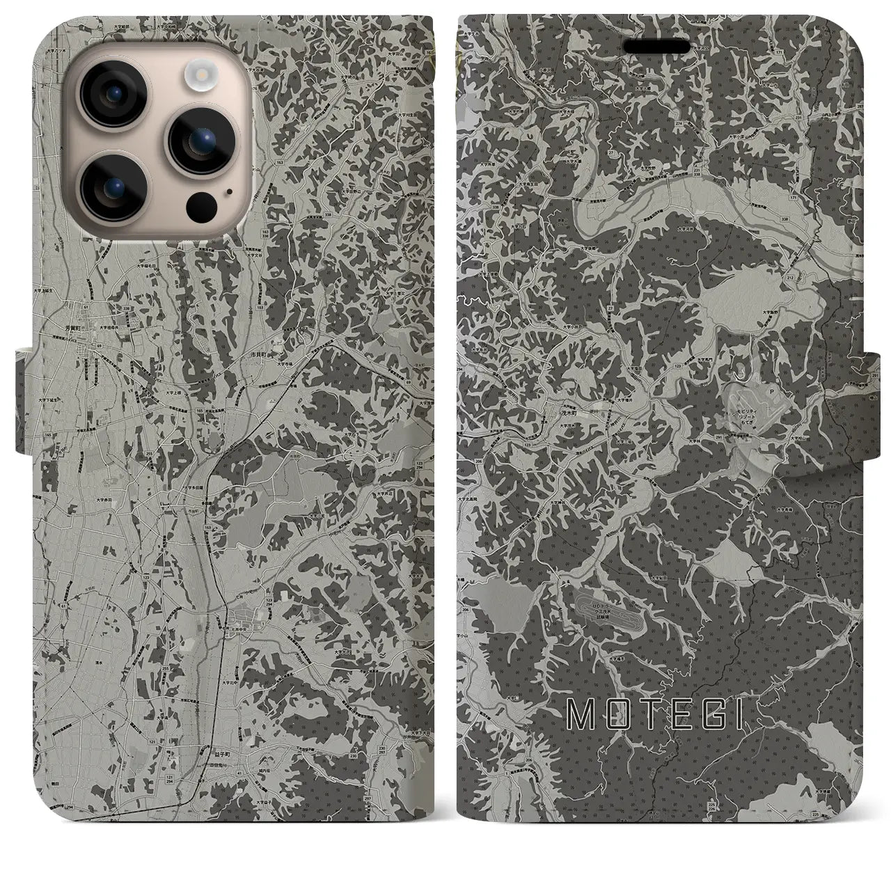 【茂木(栃木県)】地図柄iPhoneケース(手帳タイプ)モノトーン・iPhone 16 Plus 用