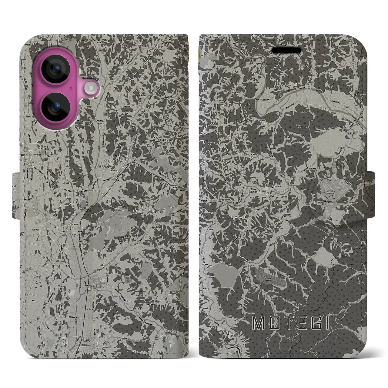 【茂木(栃木県)】地図柄iPhoneケース(手帳タイプ)モノトーン・iPhone 16 Pro 用