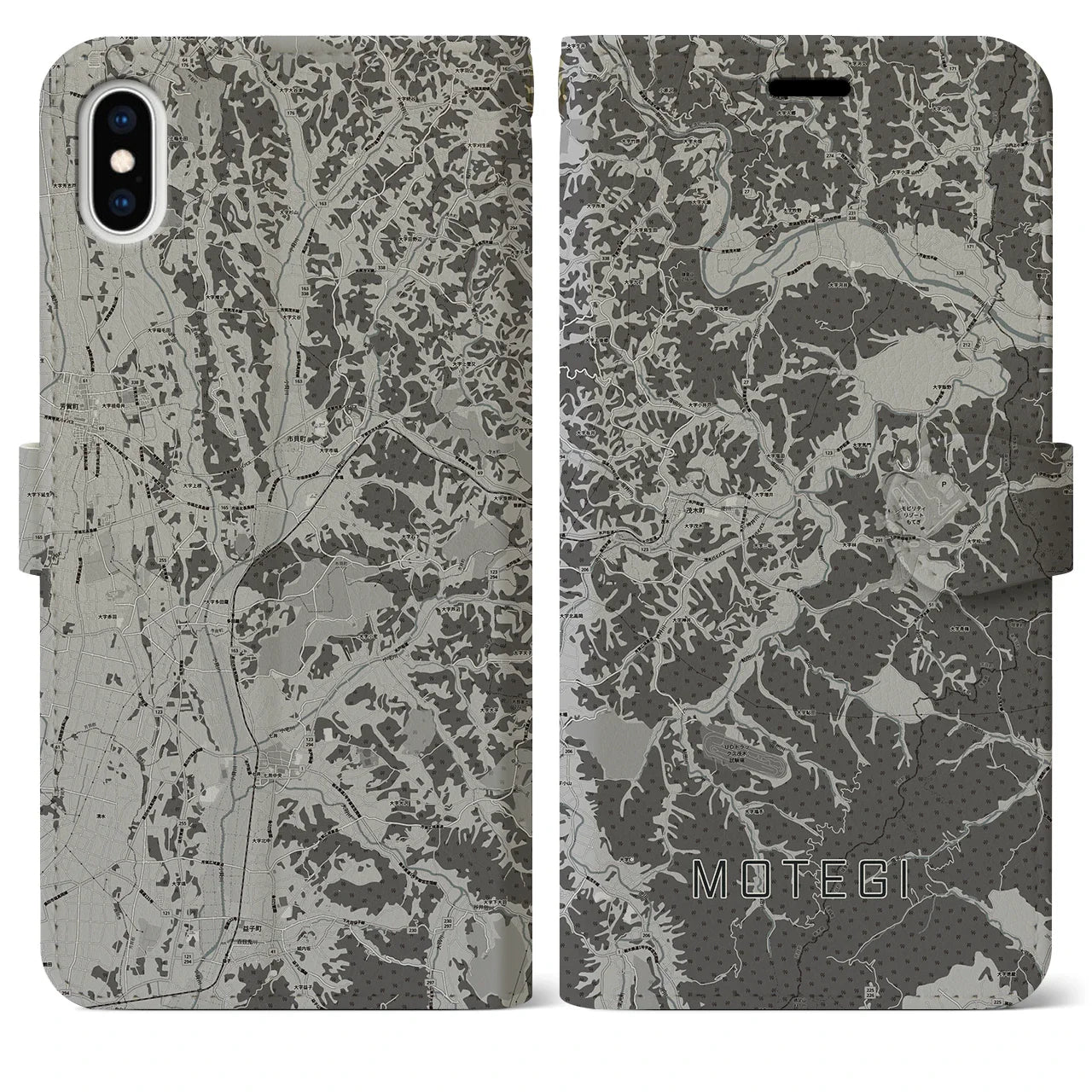 【茂木(栃木県)】地図柄iPhoneケース(手帳タイプ)モノトーン・iPhone XS Max 用