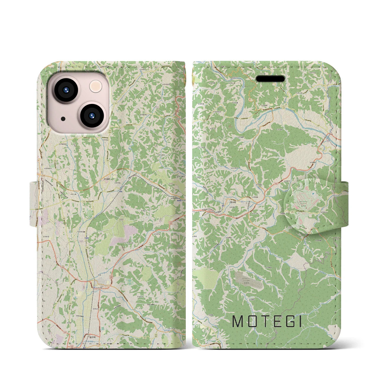 【茂木(栃木県)】地図柄iPhoneケース(手帳タイプ)ナチュラル・iPhone 13 mini 用