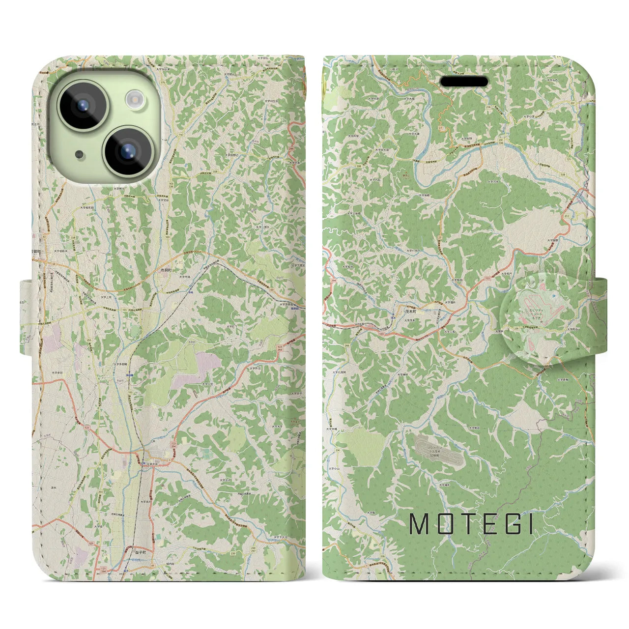 【茂木(栃木県)】地図柄iPhoneケース(手帳タイプ)ナチュラル・iPhone 15 用