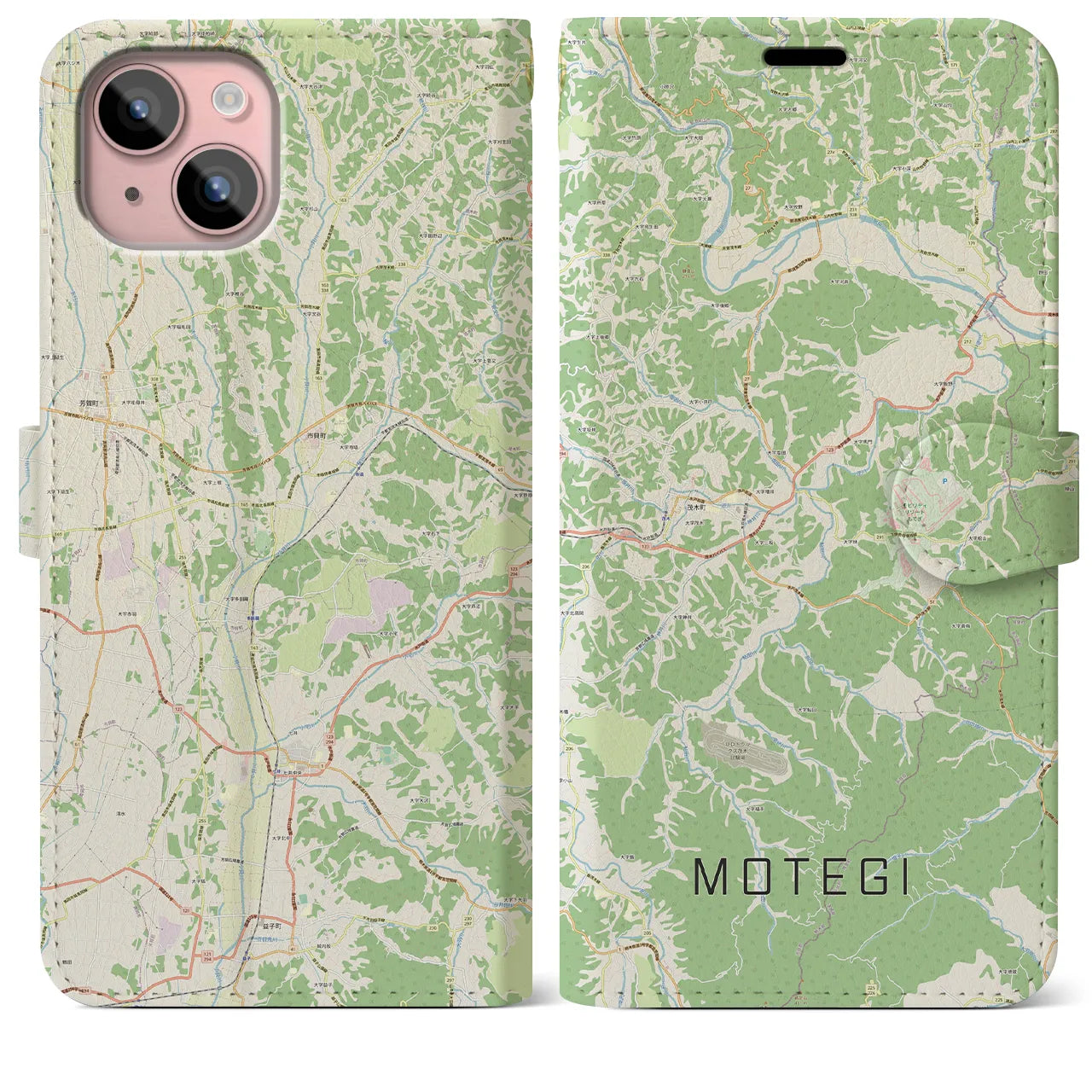 【茂木(栃木県)】地図柄iPhoneケース(手帳タイプ)ナチュラル・iPhone 15 Plus 用