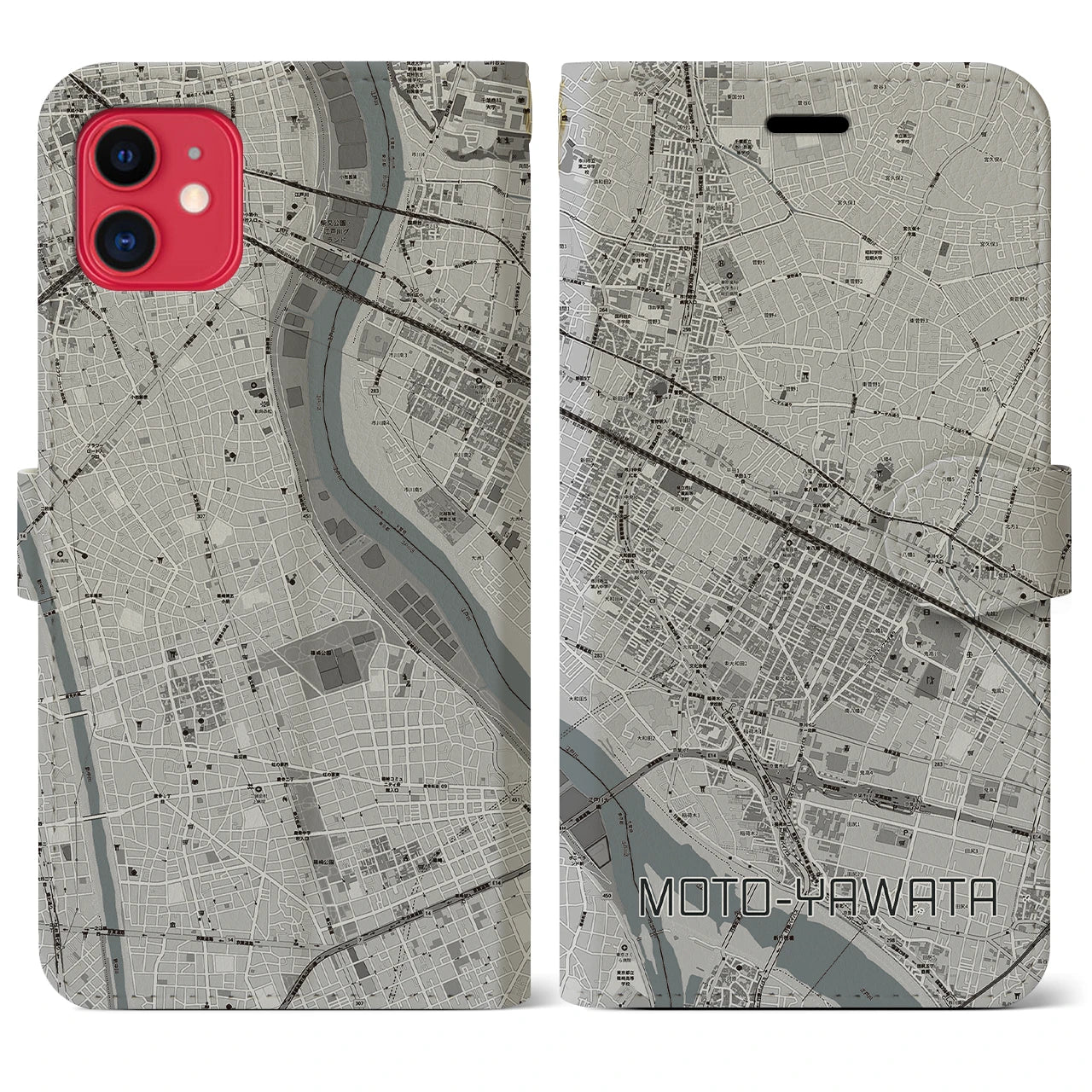 【本八幡(千葉県)】地図柄iPhoneケース(手帳タイプ)モノトーン・iPhone 11 用