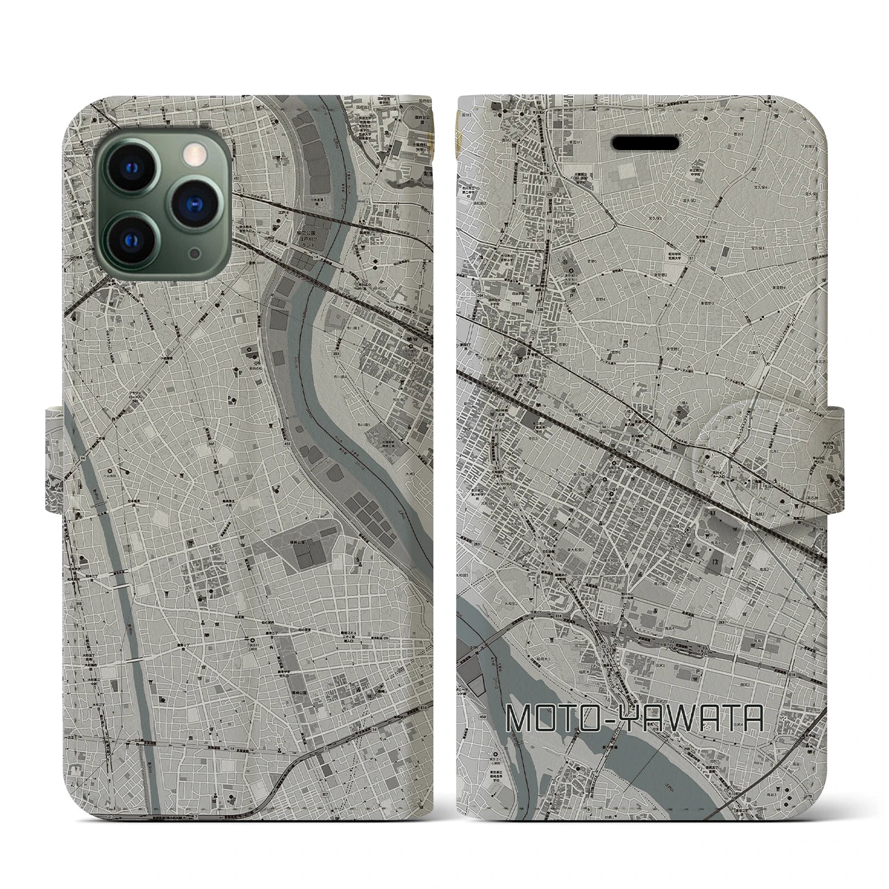 【本八幡(千葉県)】地図柄iPhoneケース(手帳タイプ)モノトーン・iPhone 11 Pro 用