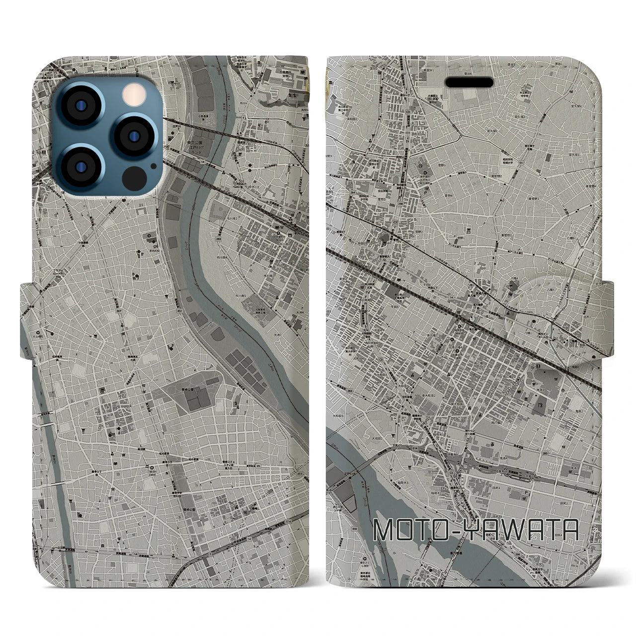 【本八幡(千葉県)】地図柄iPhoneケース(手帳タイプ)モノトーン・iPhone 12 / 12 Pro 用