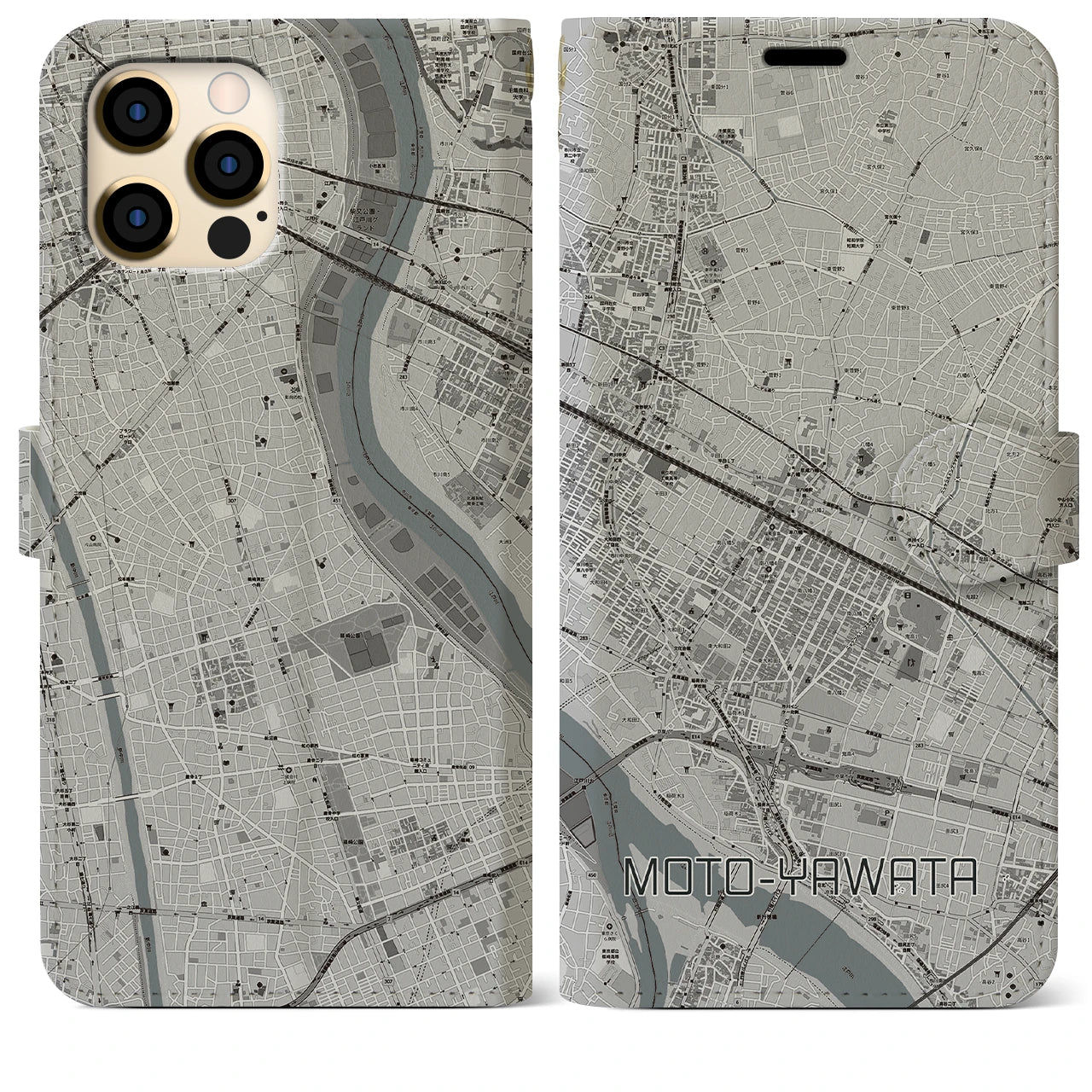 【本八幡(千葉県)】地図柄iPhoneケース(手帳タイプ)モノトーン・iPhone 12 Pro Max 用