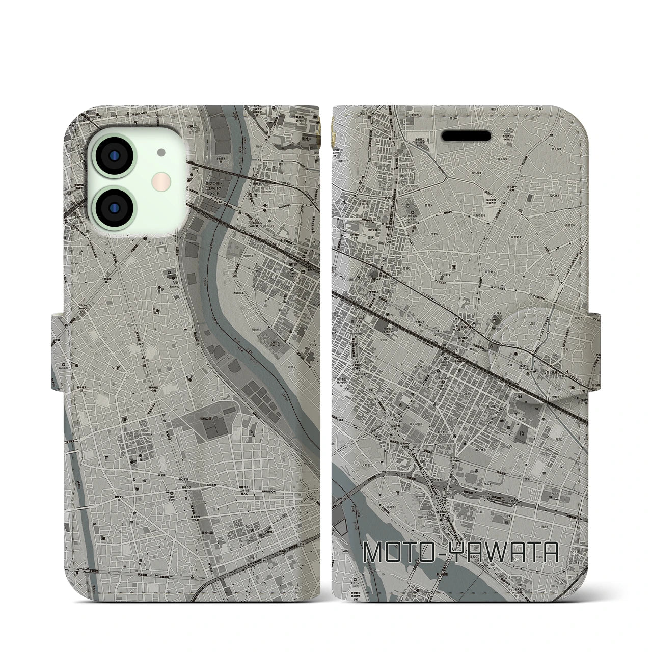 【本八幡(千葉県)】地図柄iPhoneケース(手帳タイプ)モノトーン・iPhone 12 mini 用