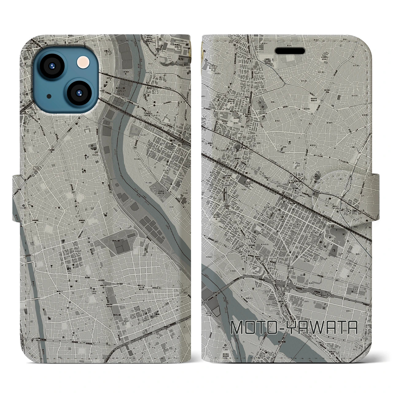 【本八幡(千葉県)】地図柄iPhoneケース(手帳タイプ)モノトーン・iPhone 13 用