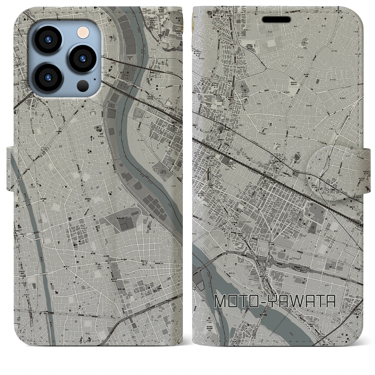 【本八幡(千葉県)】地図柄iPhoneケース(手帳タイプ)モノトーン・iPhone 13 Pro Max 用