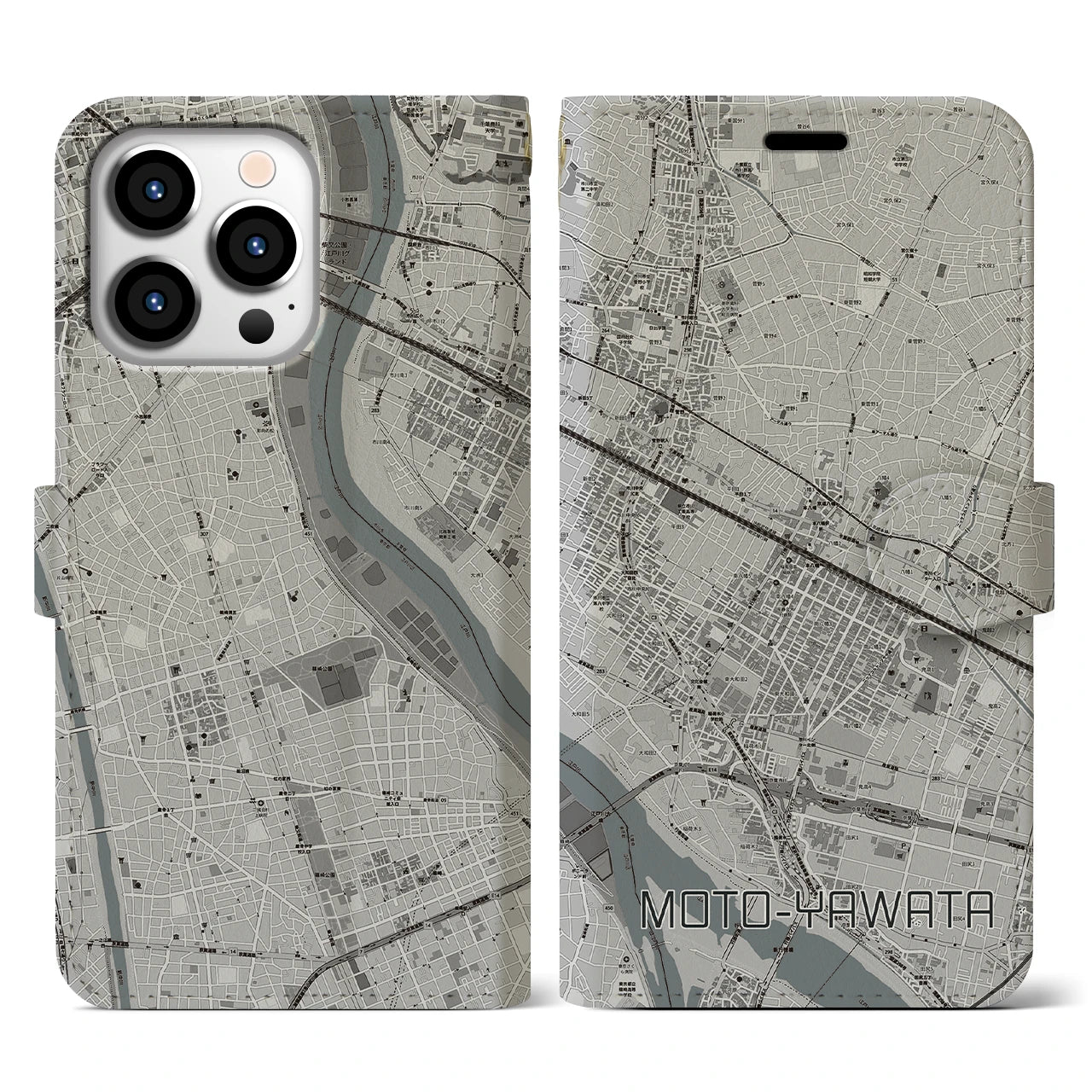 【本八幡(千葉県)】地図柄iPhoneケース(手帳タイプ)モノトーン・iPhone 13 Pro 用