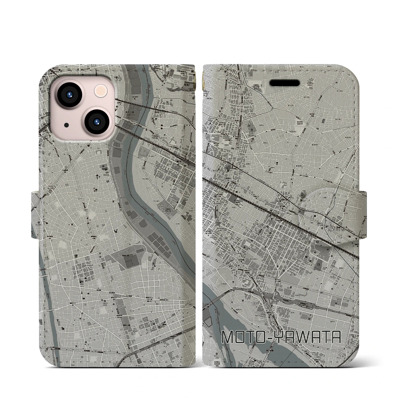 【本八幡(千葉県)】地図柄iPhoneケース(手帳タイプ)モノトーン・iPhone 13 mini 用