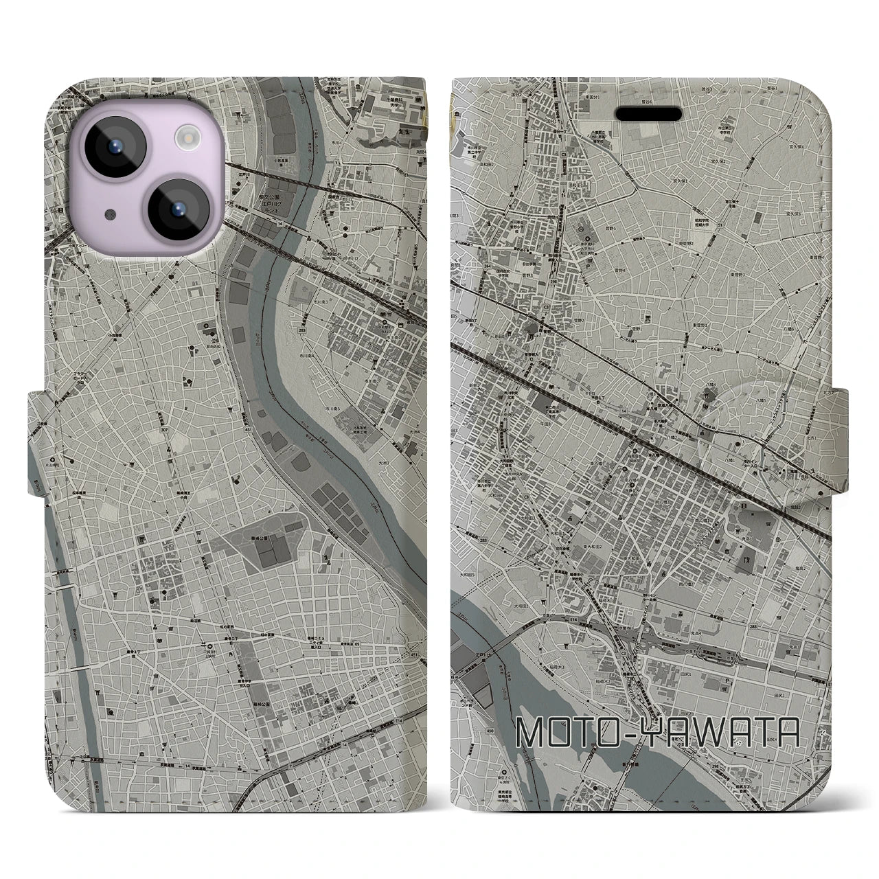 【本八幡(千葉県)】地図柄iPhoneケース(手帳タイプ)モノトーン・iPhone 14 用