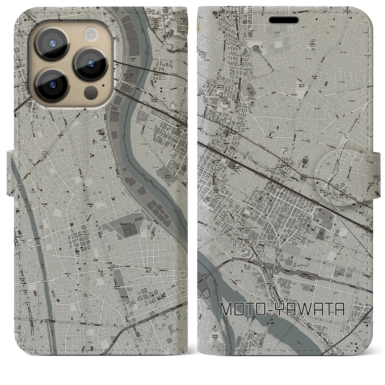 【本八幡(千葉県)】地図柄iPhoneケース(手帳タイプ)モノトーン・iPhone 14 Pro Max 用