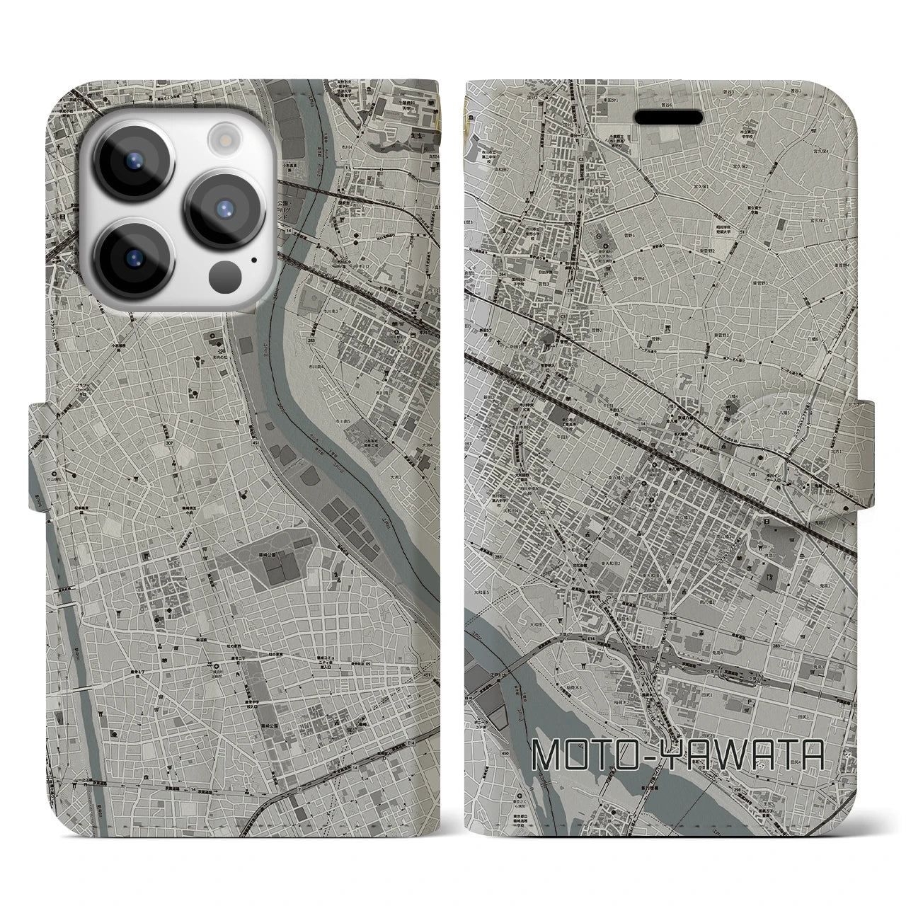 【本八幡(千葉県)】地図柄iPhoneケース(手帳タイプ)モノトーン・iPhone 14 Pro 用