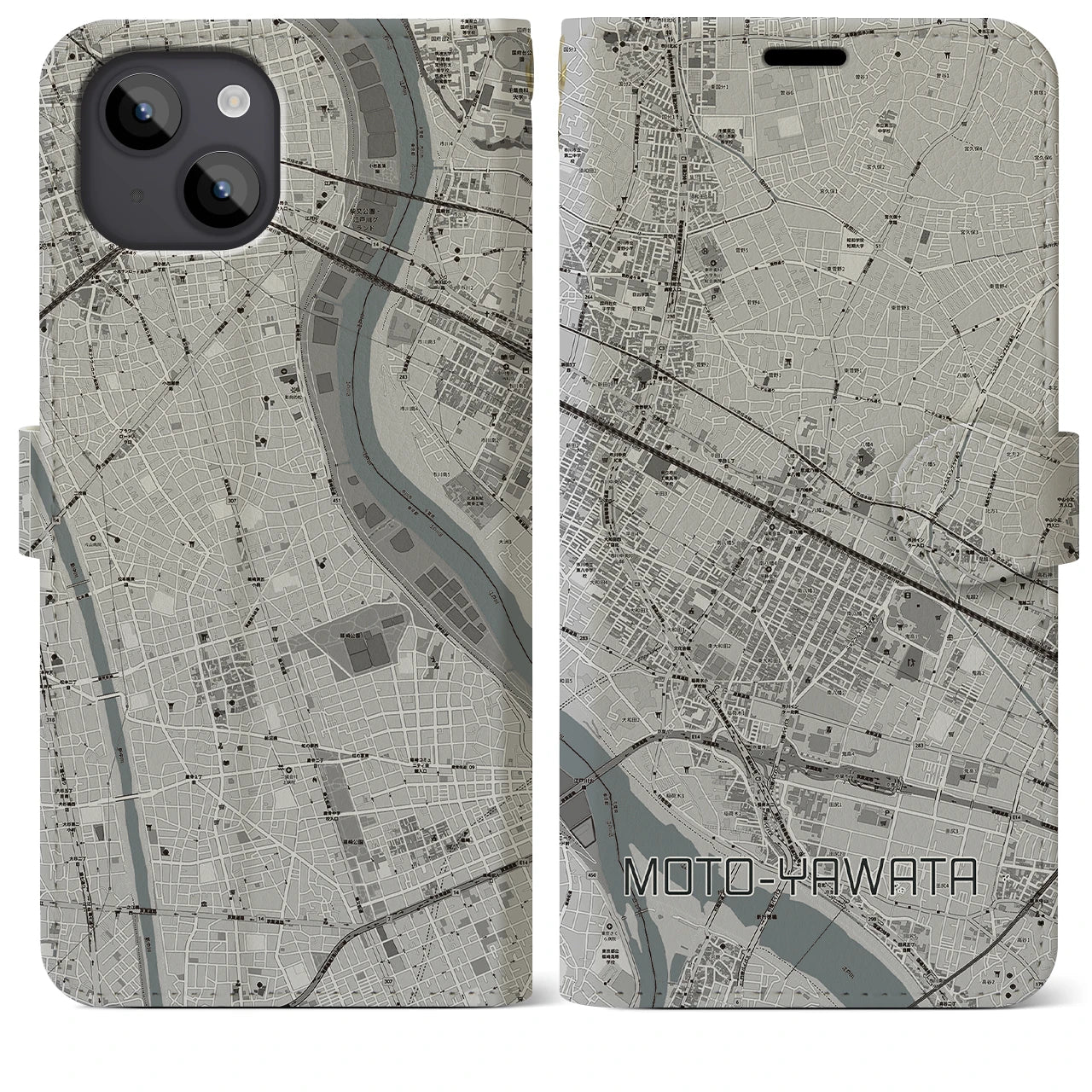 【本八幡(千葉県)】地図柄iPhoneケース(手帳タイプ)モノトーン・iPhone 14 Plus 用