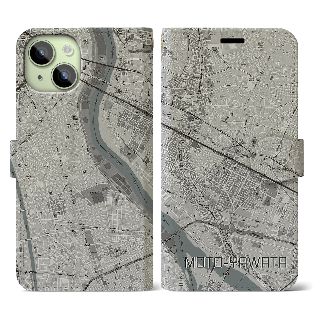 【本八幡(千葉県)】地図柄iPhoneケース(手帳タイプ)モノトーン・iPhone 15 用