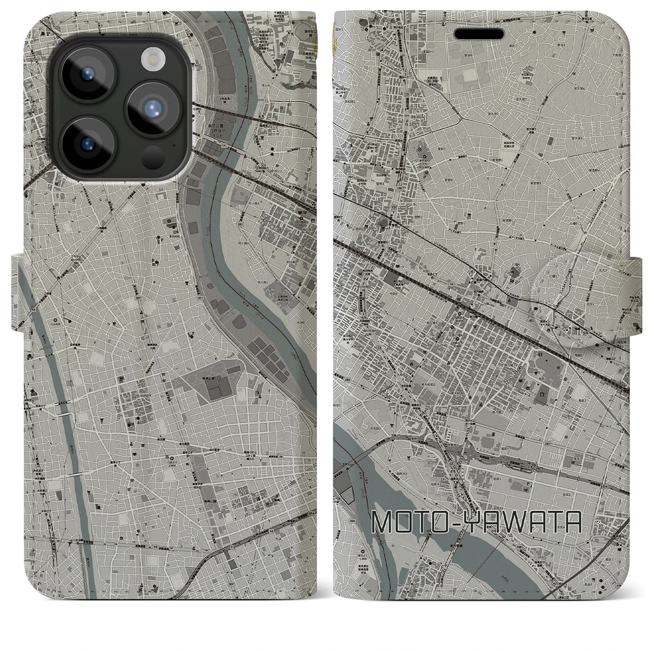 【本八幡(千葉県)】地図柄iPhoneケース(手帳タイプ)モノトーン・iPhone 15 Pro Max 用