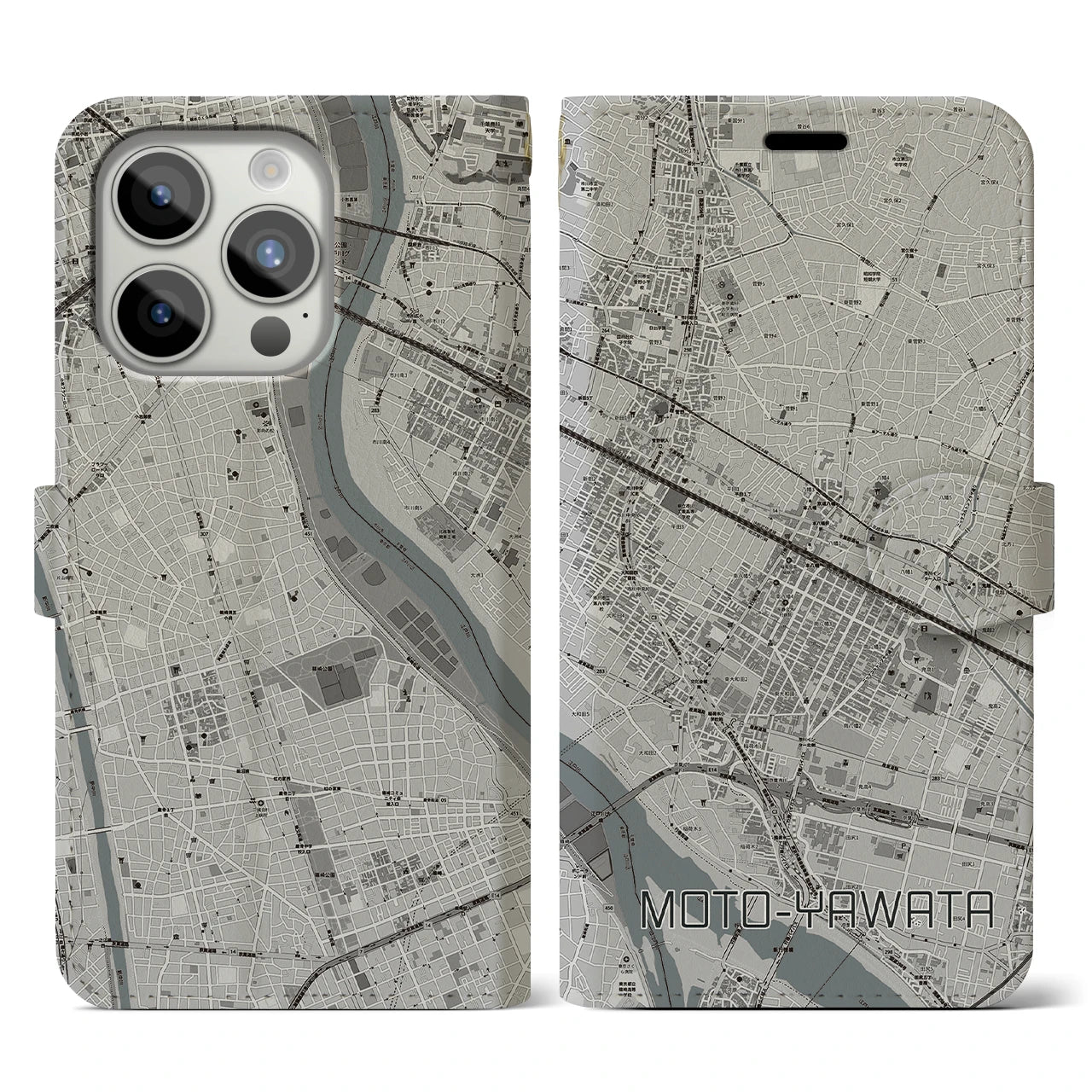 【本八幡(千葉県)】地図柄iPhoneケース(手帳タイプ)モノトーン・iPhone 15 Pro 用