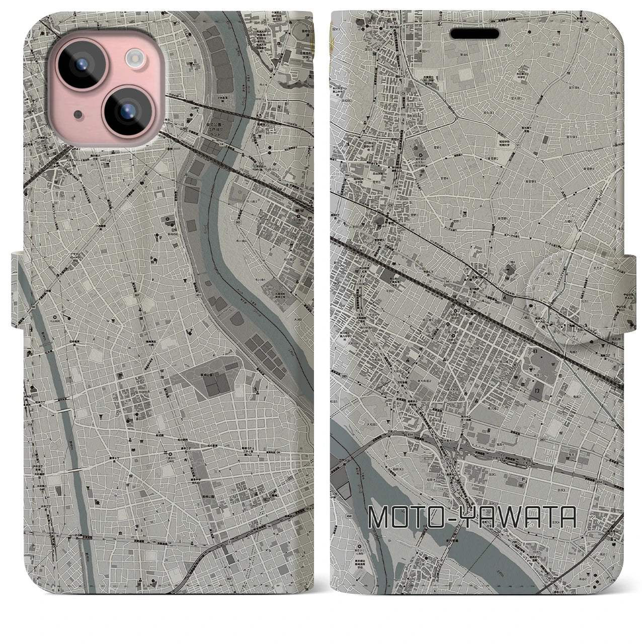 【本八幡(千葉県)】地図柄iPhoneケース(手帳タイプ)モノトーン・iPhone 15 Plus 用
