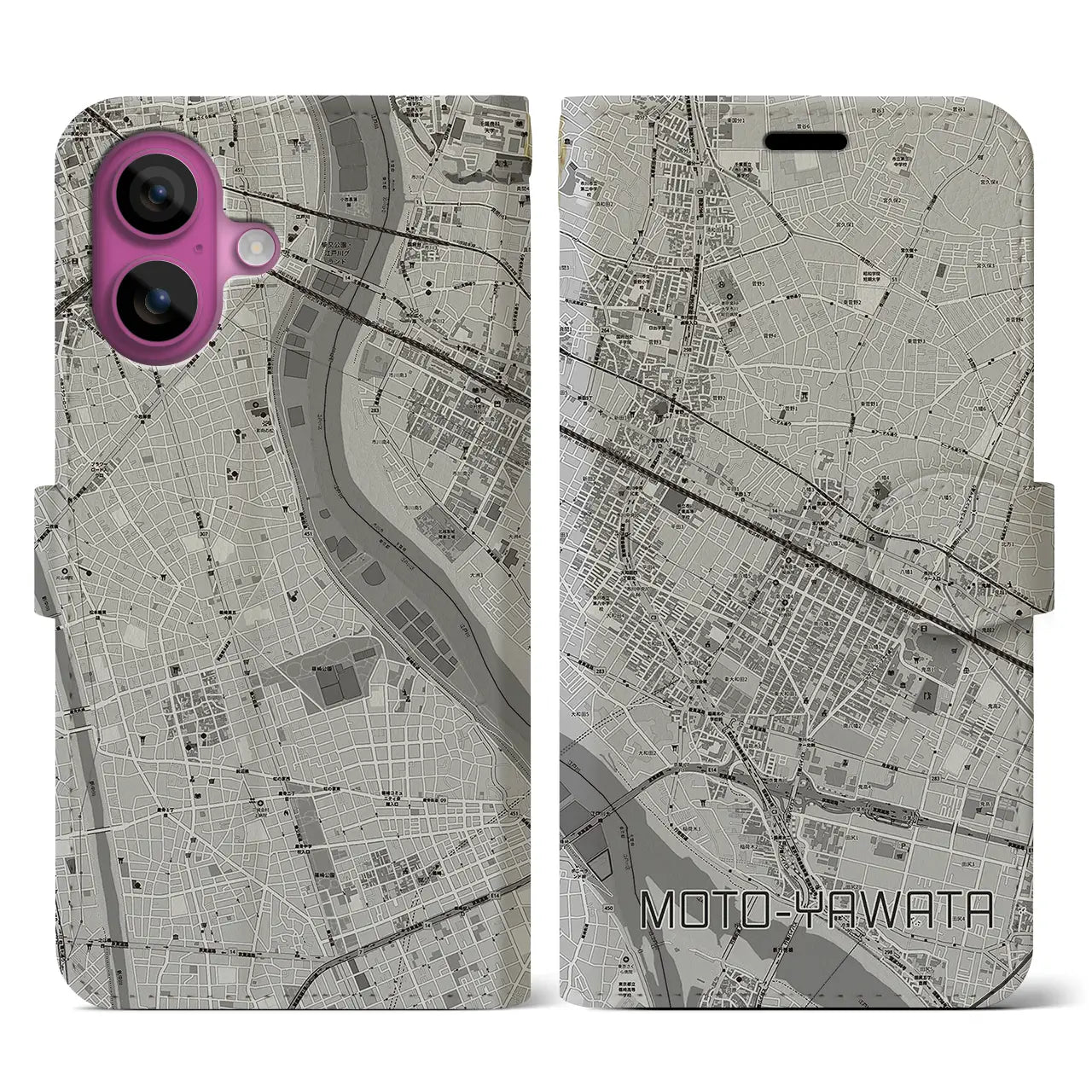 【本八幡(千葉県)】地図柄iPhoneケース(手帳タイプ)モノトーン・iPhone 16 Pro 用